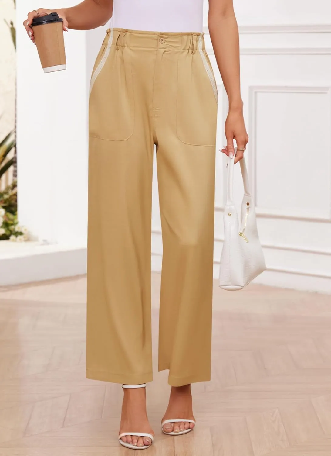 Women's Brown High Waisted Wide Leg Dress Pants - Casual Palazzo Trousers - Medium