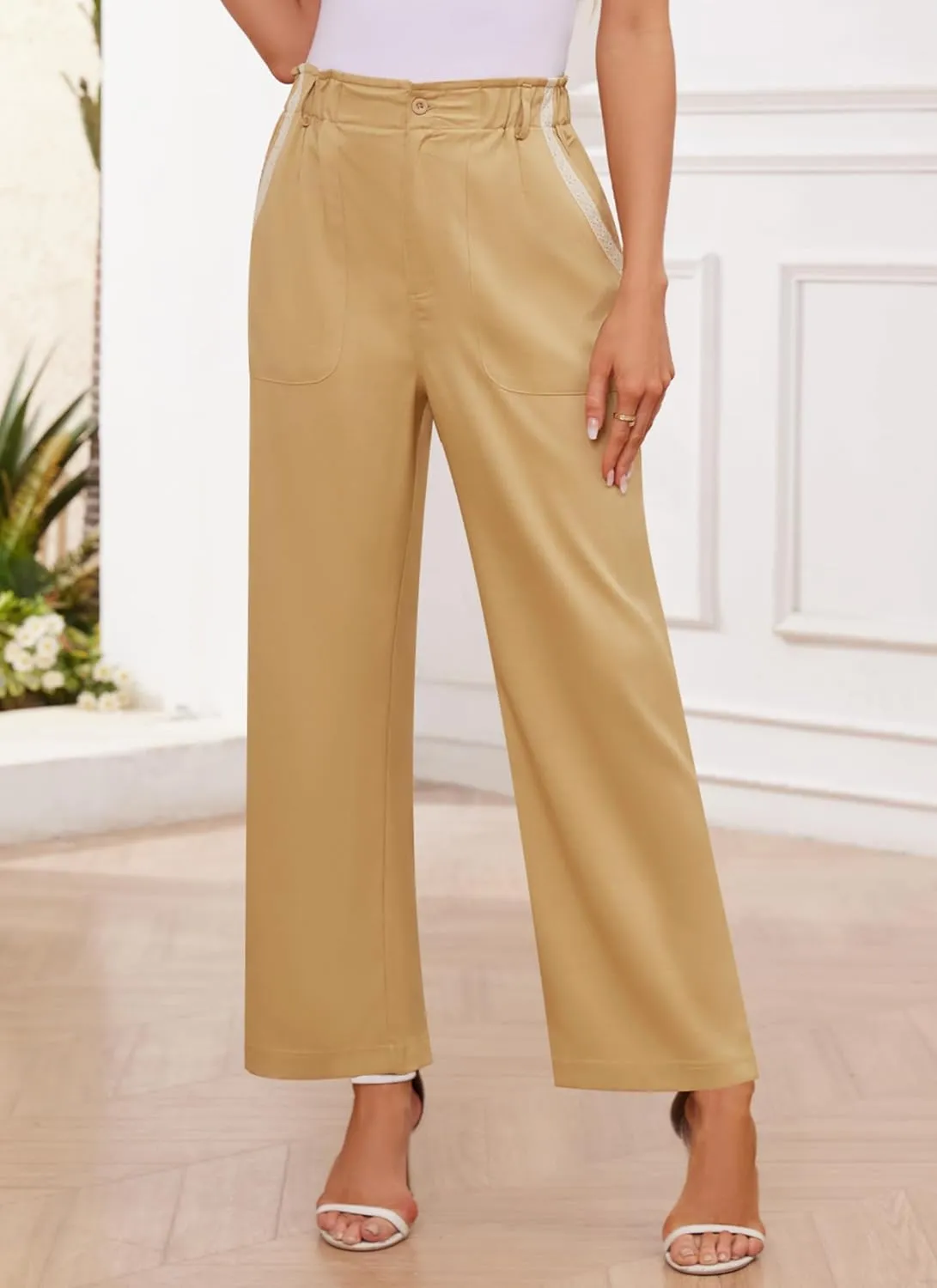 Women's Brown High Waisted Wide Leg Dress Pants - Casual Palazzo Trousers - Medium