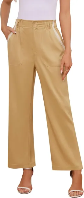 Women's Brown High Waisted Wide Leg Dress Pants - Casual Palazzo Trousers - Medium