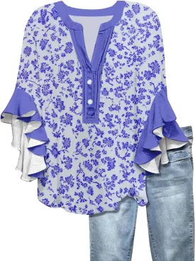 Women's Clothing 3/4 Ruffle Sleeves V Neck Tops Trendy Vintage Floral Boho Blouses Button Tunic Vacation Tee Shirts
