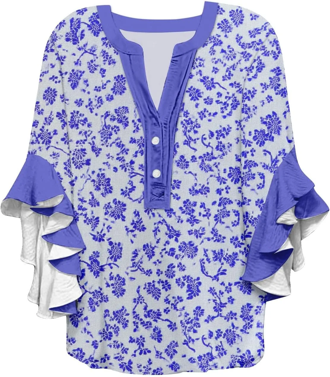 Women's Clothing 3/4 Ruffle Sleeves V Neck Tops Trendy Vintage Floral Boho Blouses Button Tunic Vacation Tee Shirts
