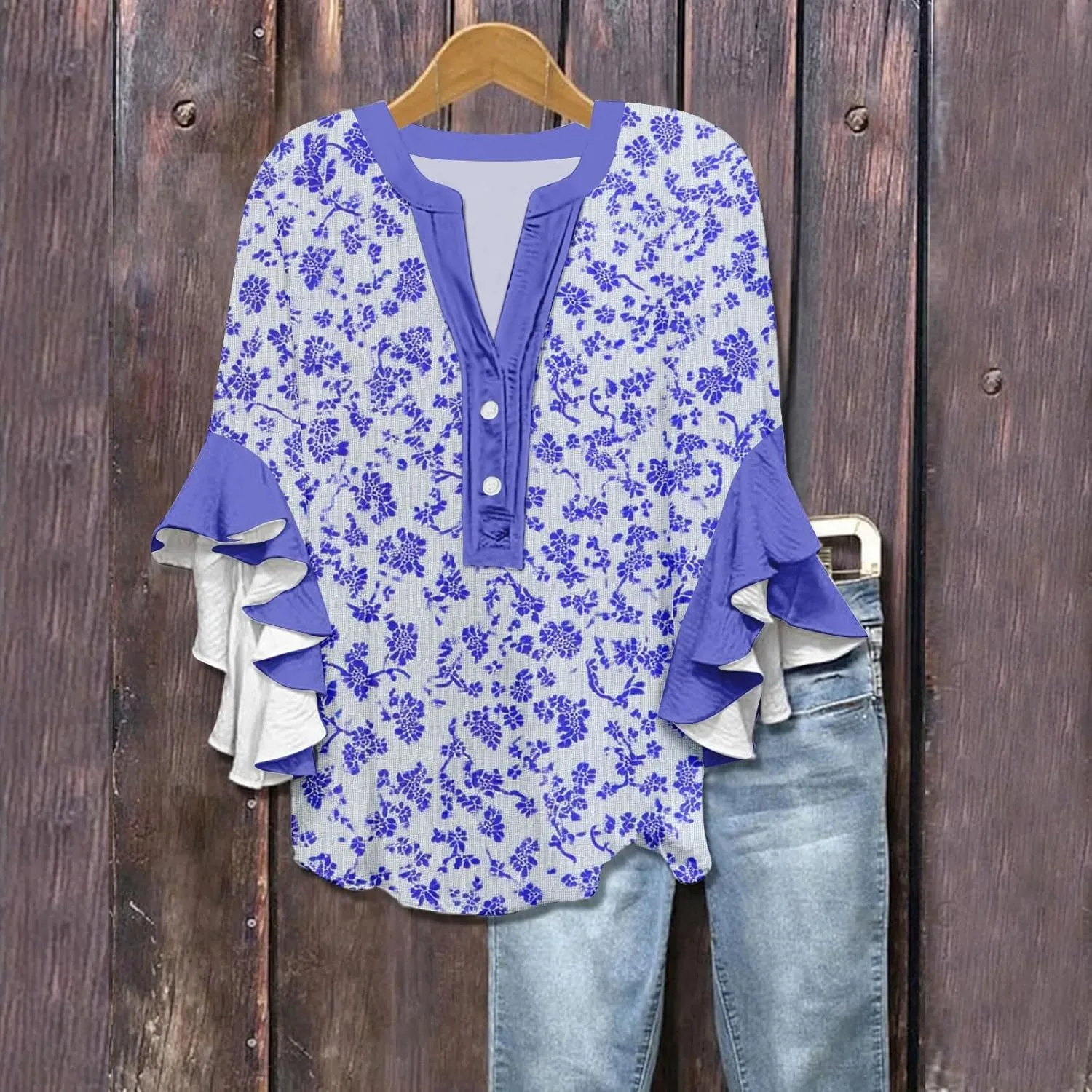 Women's Clothing 3/4 Ruffle Sleeves V Neck Tops Trendy Vintage Floral Boho Blouses Button Tunic Vacation Tee Shirts