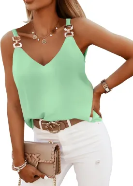 Womens Tops Chain Straps V Neck Chiffon Cami Shirts Fashion Tank Tops Sleeveless Blouses Tops