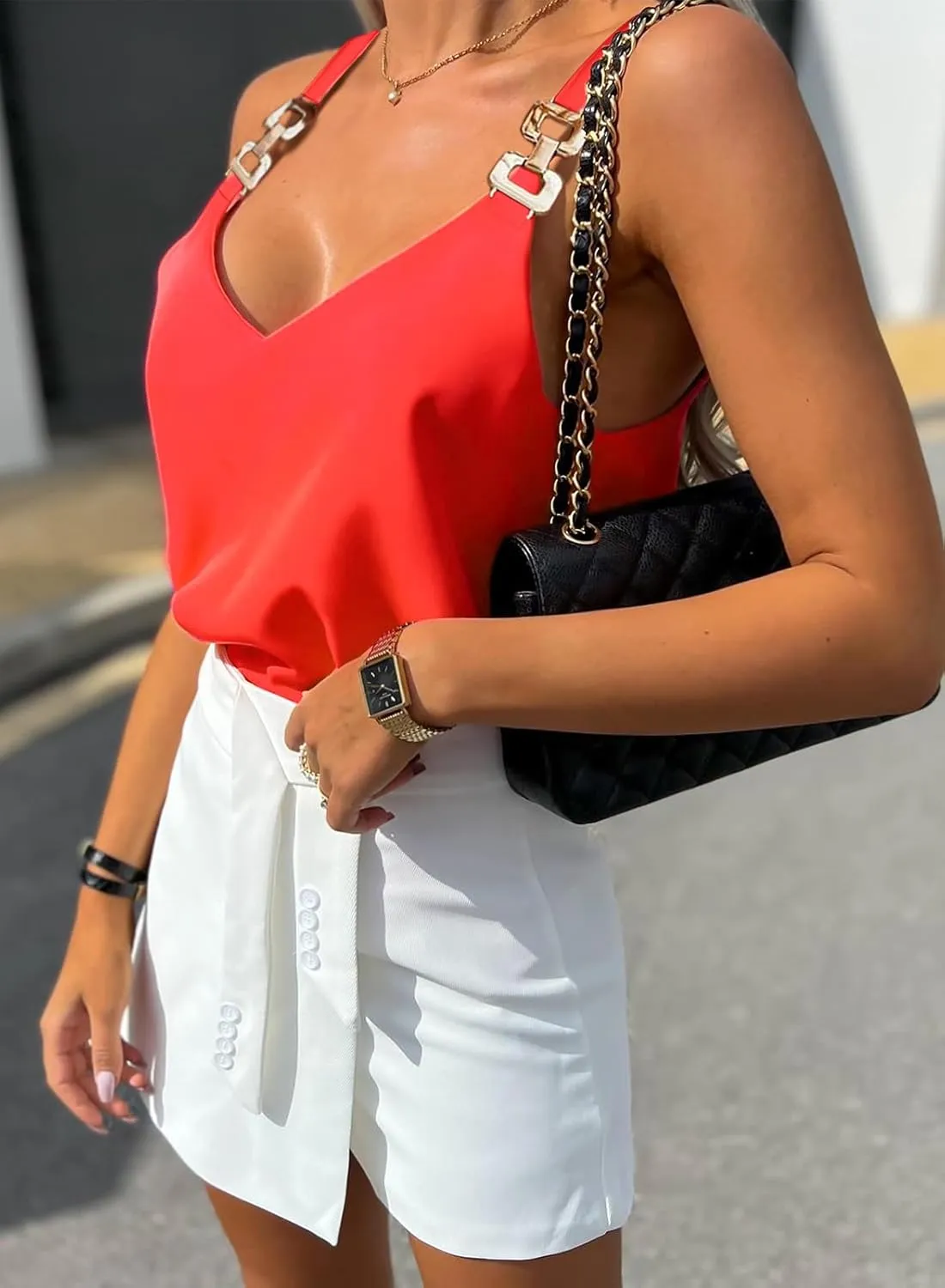 Womens Tops Chain Straps V Neck Chiffon Cami Shirts Fashion Tank Tops Sleeveless Blouses Tops